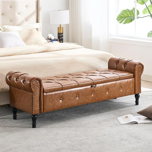 Storage Bench 67" Faux Leather End of Bed Benches Brown | King Size Storage Bench for Bedroom with Rolled Arms Tufted Ottoman Benches Upholstered Bench for Living Room Entryway