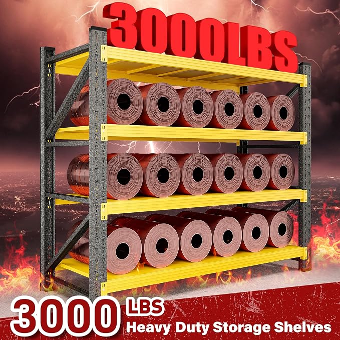 48" Wide Heavy Duty Garage Shelving Units,3000LBS Deep Storage Shelves,Yellow Metal Garage Shelves,Large Storage Rack,Steel Shelf,Industrial Shelving for Shop,Warehouse,Basement,48" W x 24" D x 70" H