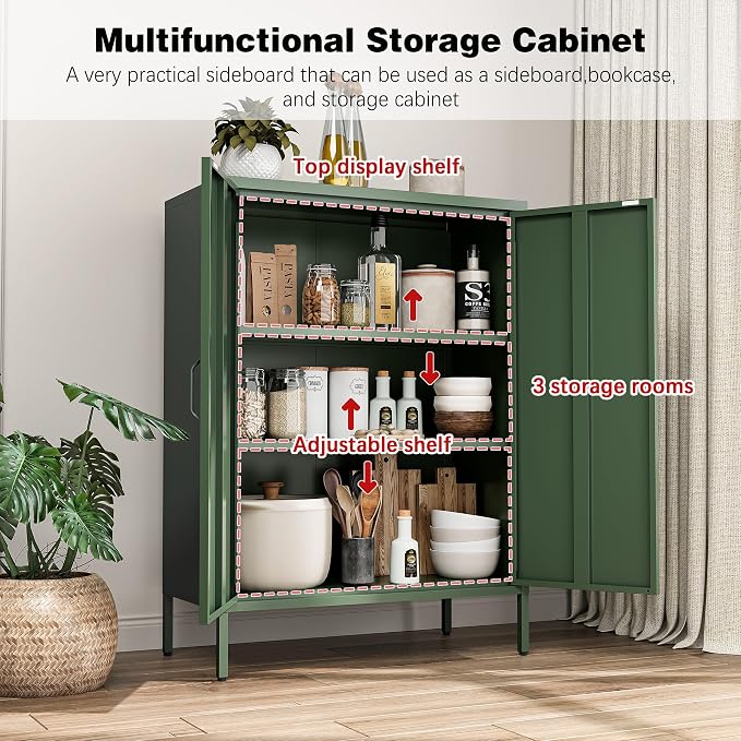 Bevivog Green Metal Locker Cabinet with 2 Doors, Metal Accent Cabinets with 2 Adjustable Shelves Home Office Storage Lockers Sideboard for Kitchen Living Room Hallway Entryway