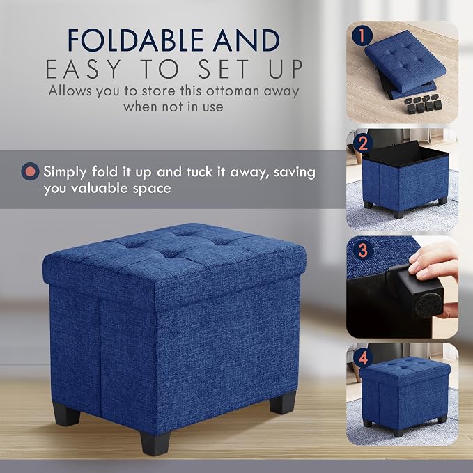 Ornavo Home Small Rectangle Storage Ottoman with Legs, 12x16x12, Navy Blue | Foot Rest Stool Seat; Holds Up to 600 lbs; Ideal for Living Room, Bedroom, Home Office or Dorm