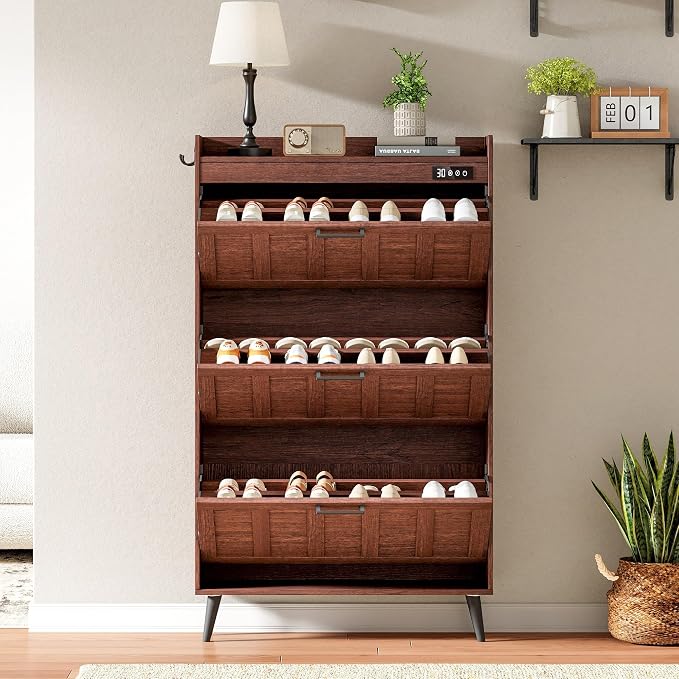 ChooChoo Shoe Storage Cabinet with 3 Flip Drawers and Deodorizer | Shoe Organizer Storage for Entryway, Freestanding Hidden Slim Narrow Shoe Rack Cabinet, Walnut