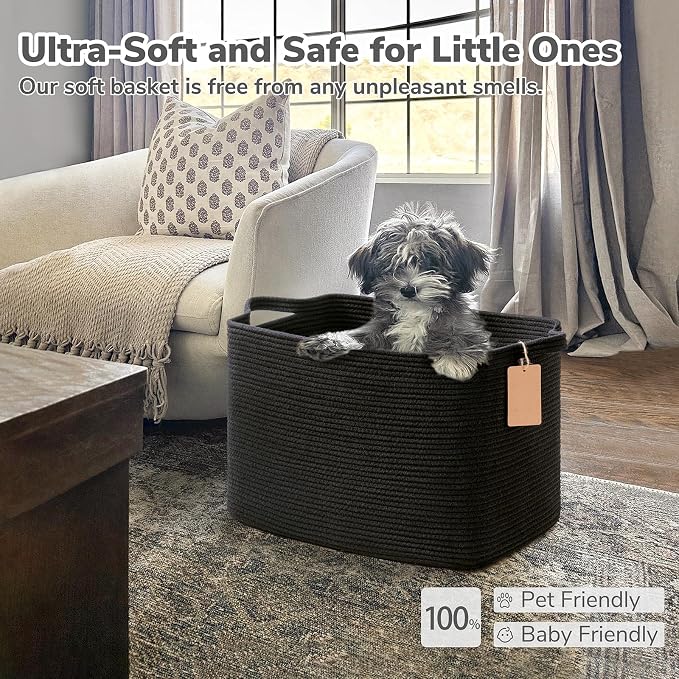 Goodpick Large Rectangle Cotton Rope Basket with Handles, Black | 50L, 18 × 14 × 12 in, Soft Woven, Blankets, Toys & Home Essentials Storage, Living Room, Bedroom & Nursery Organization