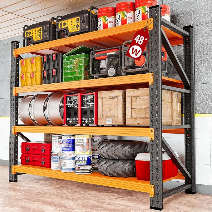 48" Wide Heavy Duty Garage Shelving Units,3000LBS Deep Storage Shelves,Orange Metal Garage Shelves,Large Storage Rack,Steel Shelf,Industrial Shelving for Shop,Warehouse,Basement,48" W x 24" D x 70" H