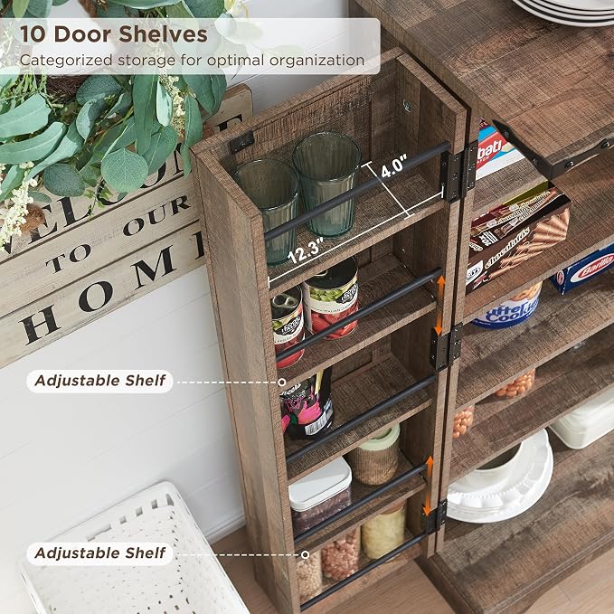 47" Tall Wooden Pantry Storage Cabinet with Door Shelves | Farmhouse, Barn Doors, Adjustable Shelves, Freestanding, Anti-tip Kit, for Kitchen, Dining Room, Living Room