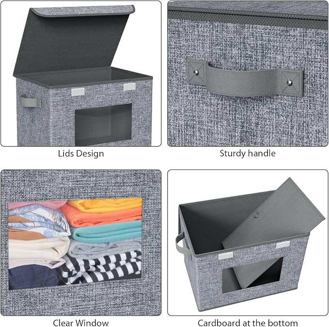 Univivi Fabric Foldable Storage Boxes [4-Pack] Large Collapsible Stackable Storage Bins with Lids, Closet Organizers and Storage Cube Basket for Home, Office, Bedroom (Grey, 17'' x 12'' x 12") | 17 x 12 x 12 In Foldable Storage Boxes with Handles, Clea...