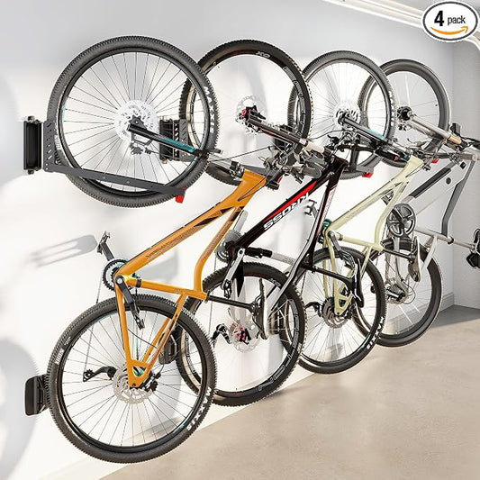 monTEK No-Lift Swivel Bike Wall Mount, Bike Hangers for Garage, 4 Pack | Space-saving bike storage rack pivots 120°; 4 settings fit 16-29 in wheels and tires up to 3.54 in wide; holds 77 lb each