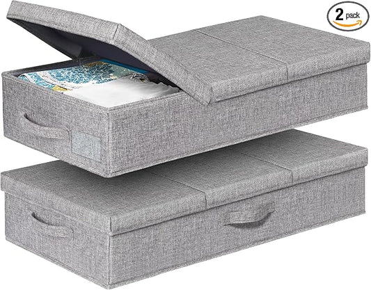 punemi 6 in Tall Under Bed Storage Containers with Lids, 2 Pack, Grey | Stackable Design, Sturdy 3 Handles, for Blankets, Clothes, Comforters & Toys, Underbed & Closet Organization