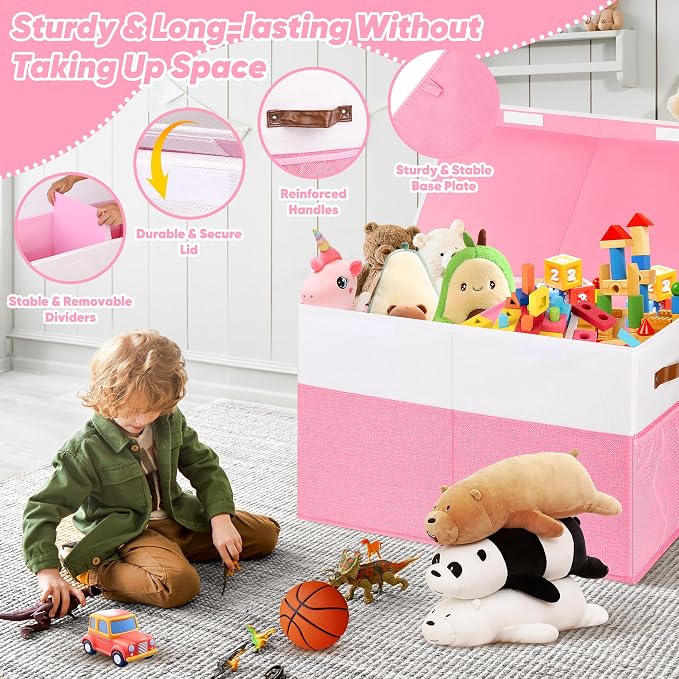 Large Toy Bins Box, Collapsible Toy Storage Chest With Lids, 25"x13"x16" | Sturdy Kids Toy Storage Box with 2 Pockets and Dividers for Boys Girls, Bedroom & Living room Organization, White & Pink