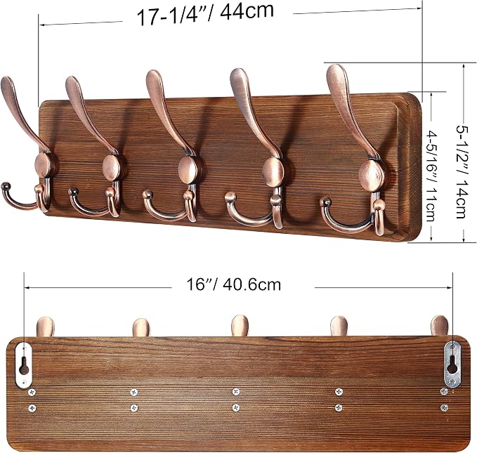 SKOLOO Rustic Pine Wood Wall Coat Rack with 5 Triple Hooks, 16" Stud Spacing, Farmhouse Wall Mounted Coat Rack for Hanging Backpack, Jacket, Hat