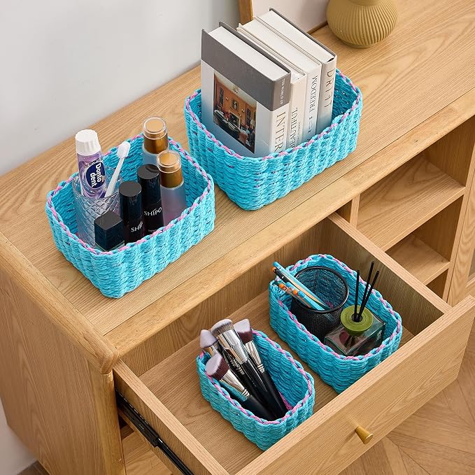 4PCS Woven Storage Baskets Set, Small Baskets for Organizing, Square Handwoven Paper Rope Organizer Bins for Shelves and Home Storage (Blue & Pink)