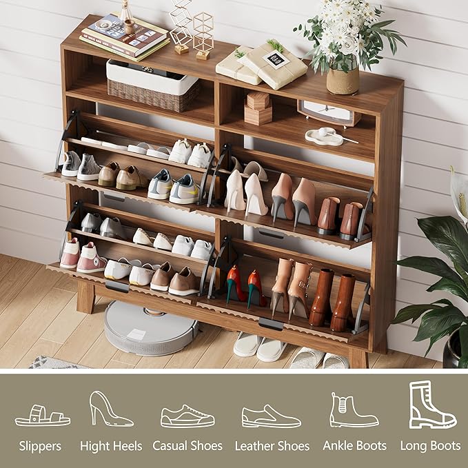 Shoe Cabinet Storage for Entryway with 4 Flip Drawers, Fluted Narrow Shoe Organizer with Wooden Legs & Top Cubby, Freestanding Slim Shoe Storage Hidden Shoe Rack for Front Door Entrance, Walnut
