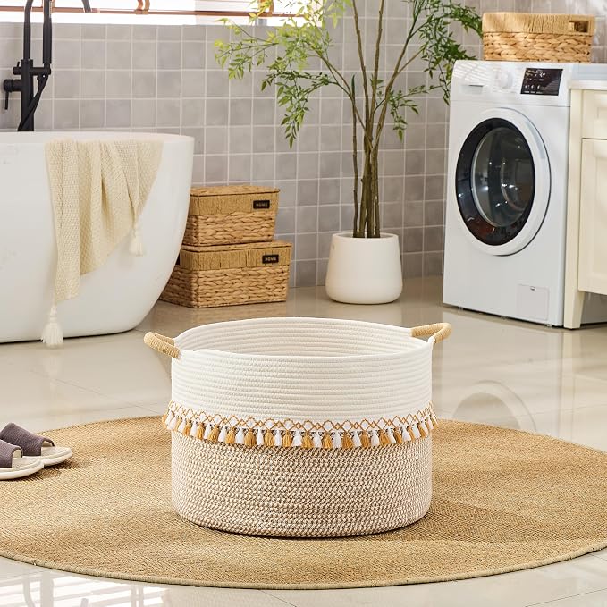 KAKAMAY Large Blanket Basket with Handles, Storage Basket for Living Room | Extra Large Capacity | Natural Cotton Rope | Blanket Storage | Woven Storage Basket | Stuffed Animal Storage | Laundry Basket