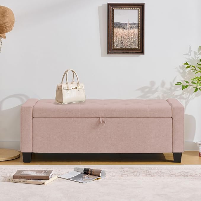 Huatean Home 43" Ottoman with Storage, Pink Storage Ottoman Bench | Upholstered Entryway Bench with Seating for Bedroom, Living Room with Safety Hinge, Holds up to 330 lb