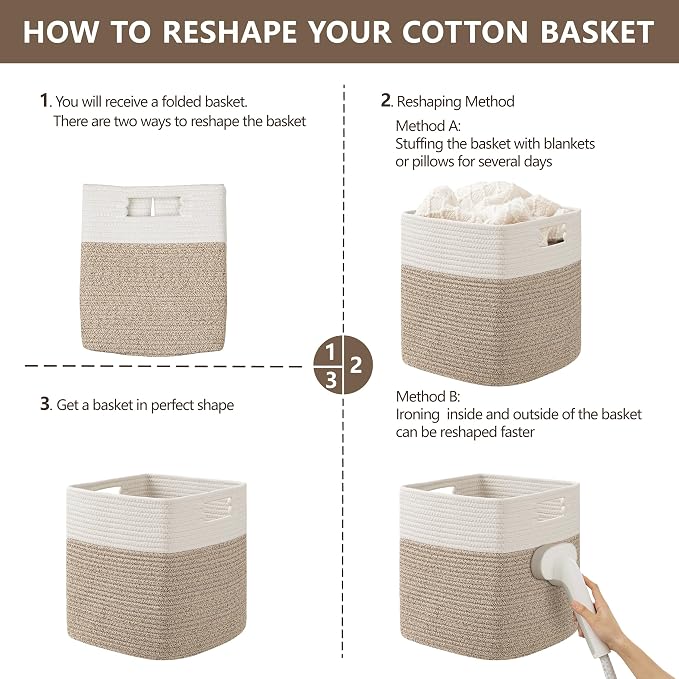 UBBCARE Set of 4 Storage Cubes-11 X 10.5 X 10.5 In, Cotton Rope Basket for Shelves, Toys, Book, Cube Storage Bin with Handles, Woven Storage Basket for Organizing, White/Brown