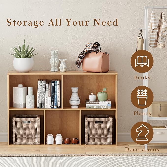 VDNEND Wooden Cube Storage Organizer with Closed Back Panel, 11in Cube Shelf Opening, Bookshelf, Display Shelf,Closet Cabinet for Home and Office (Natural Oak, 5-Cube 35.98L*9.45W*24.09H)