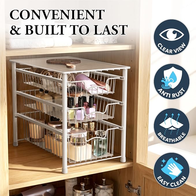 Simple Houseware Stackable 3 Tier Sliding Basket Organizer Drawer, White