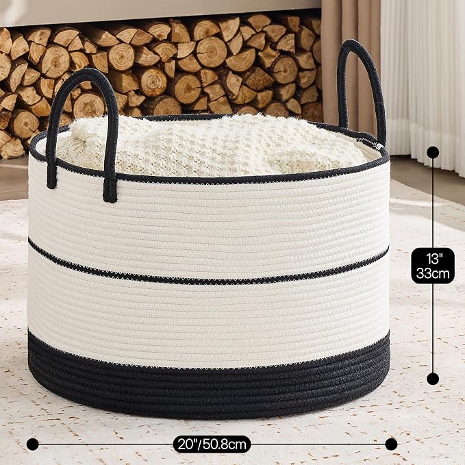 KAKAMAY Large Blanket Basket with Handles, Storage Basket for Living Room | Extra Large Capacity | Natural Cotton Rope | Blanket Storage | Woven Storage Basket | Stuffed Animal Storage | Laundry Basket