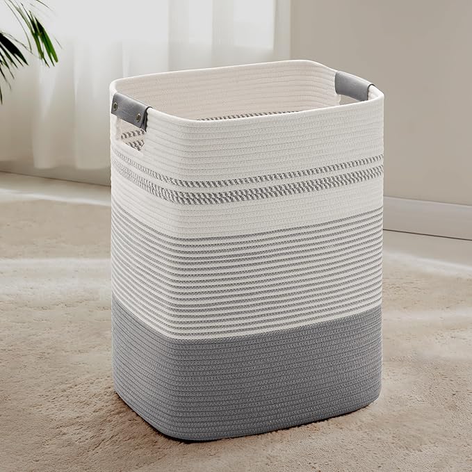 85L Tall Woven Laundry Basket Hamper with Leather Handles,Grey | collapsible wicker hamper, storage for dirty clothes, toys, blankets, gifts, living room, bedroom, bathroom, 17"x14"x22"