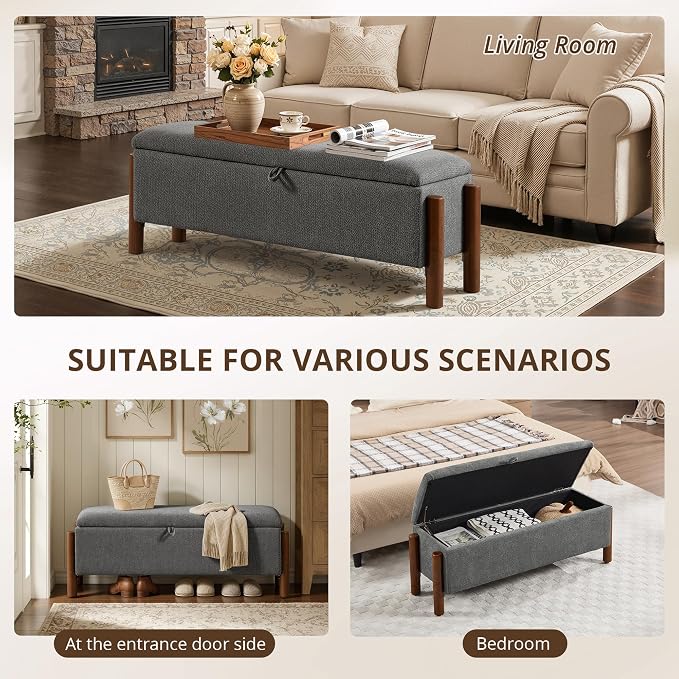 55'' Modern Storage Ottoman Benches | Walnut Wood Legs Ottoman 26 Gallons Storage Space Fabric Upholstered Seating End of Bed for Bedroom Livingroom Darkgrey