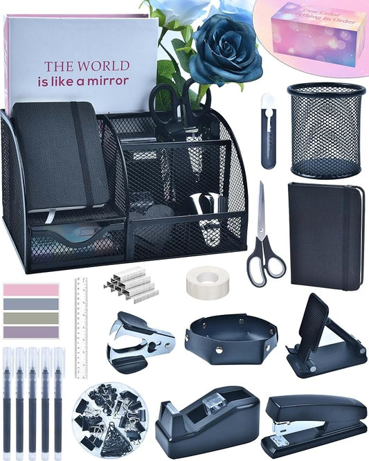 Black Desk Accessories, 24Pcs Office Supplies and Desk Organizers, with Tape Dispenser, Stapler, Staple Remover, Ect, Gift Box Packaging