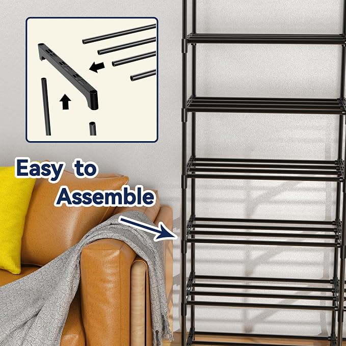 Large Shoe Rack Organizer, 4-Row 8-Tier Tall Shoe Storage Shelf for Closet, Entryway, Garage, Metal Free Standing Shoe Holder for 56-64 Pairs Shoes, Sturdy Stackable Shoe Stand for Bedroom