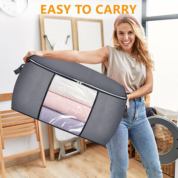 3 Pack Clothes Storage Bags, 90L Large Blanket Storage Bag Comforter Storage Bin with Reinforced Handle and Lid Foldable Closet Organizer and Storage Containers for Bedding Pillows Sheets and Duvet