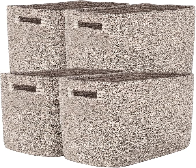 Storage Baskets for Organizing, 14 x 10 x 9” Closet Shelf Woven Baskets, Square Bins with Handles, Cotton Rope Basket for Clothes, Office, Room, Brown 4 Pack