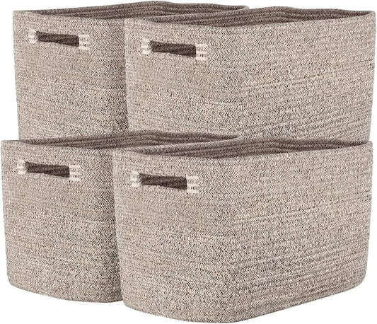 Storage Baskets for Organizing, 14 x 10 x 9” Closet Shelf Woven Baskets, Square Bins with Handles, Cotton Rope Basket for Clothes, Office, Room, Brown 4 Pack