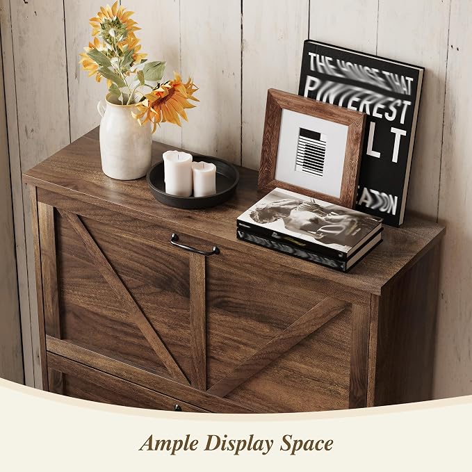 Semiocthome Farmhouse Shoe Storage Cabinet with 2 Flip Drawers, 31.5"(W) Freestanding Shoe Organizer with Barn Door and Metal Handles for Entryway, Corner Rustic Narrow Shoe Rack Cabinet - Walnut