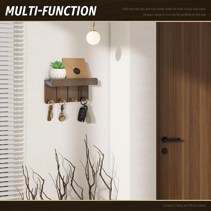 Rebee Vision Small Key Holder Wall Mount with 4 Hooks for Entryway, Brown | Key and Mail Holder for Wall, Mail Organizer, Mini Floating Shelf, Plant Display, Apartment Aesthetic, Compact Storage