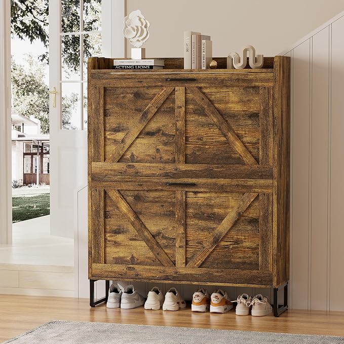 EOYUTLLY Shoe Cabinet for Entryway with 2 Flip Drawers,Narrow Wooden Shoe Storage Cabinet with Metal Legs,Hold 24 Pairs, 4-Tier Adjustable Shelves–Freestanding Hidden Shoe Organizer for Hallway, Foyer