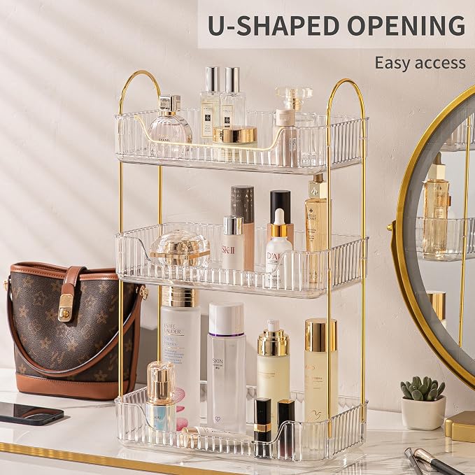 Akinbas 3 Tier Bathroom Organizer Countertop Makeup Perfume Tray Skincare Organizer for Bathroom Dresser Vanity (White)