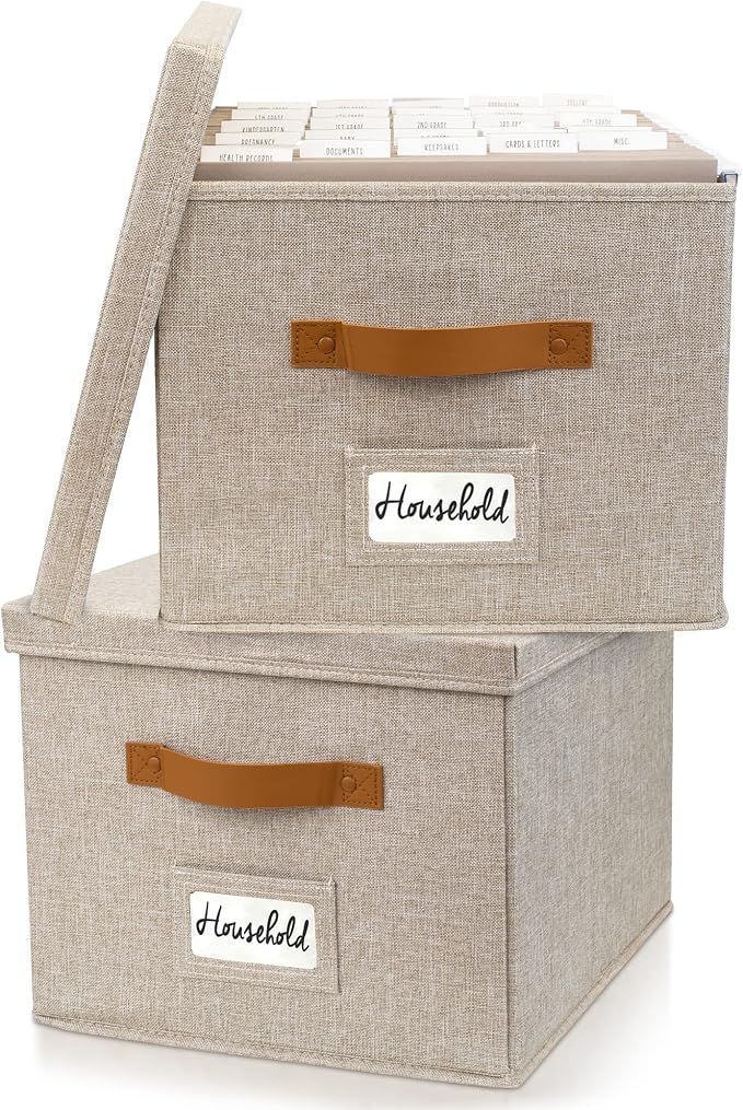 Decorative File Organizer Box Set of 2 - Collapsible Linen Filing Cabinets | Stores Documents and Hanging File Folders - Portable Office Crates with Lid and Handles for Easy Slide Access