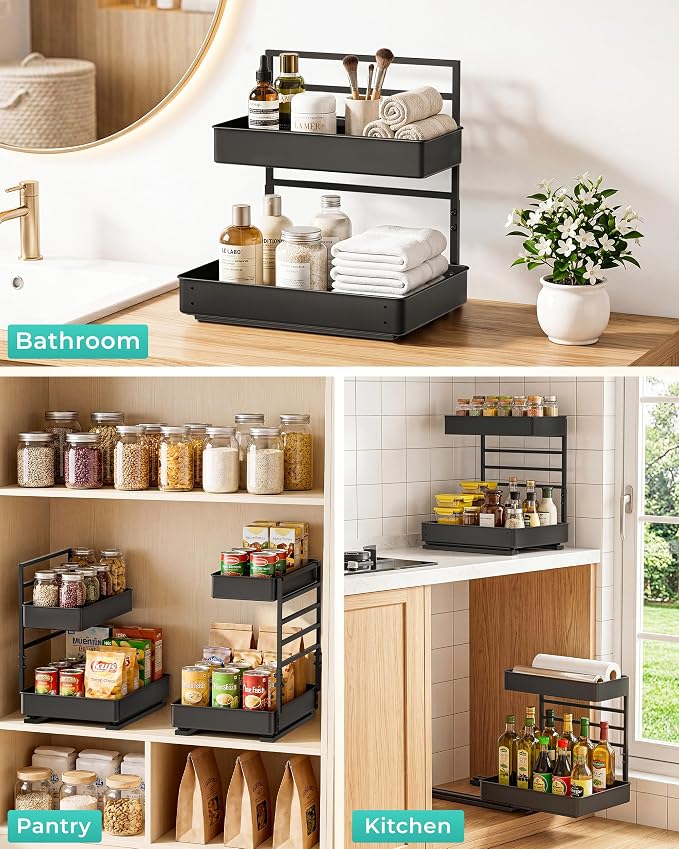 EVERIE Metal Pull Out Slide Shelf Organizer for Under Sink Organization in Kitchen, Bathroom, Counter, Cabinets, Minimum Available Space 13" Wide x 16.5" Deep (Black, 1 Set)