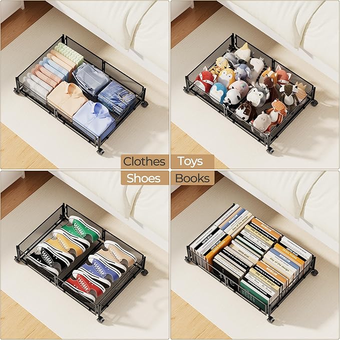 Yecaye Under Bed Storage with Wheels, 4 Pack Under Bed Shoe Storage Organizer Drawer, Tool-free Assembly Metal Underbed Storage Containers for Clothes, Shoes, Toys, Black