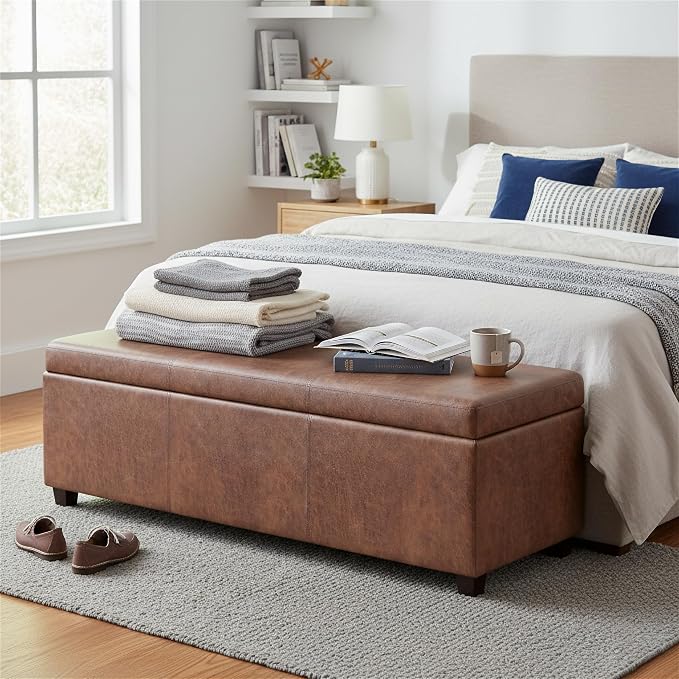 SIMPLIHOME Avalon Storage Ottoman Bench - 54 inch Wide Upholstered Vegan Leather Extra Large Rectangle Ottoman Bench in Distressed Pecan Brown, Contemporary Ottoman for Living Room with Lift-Up Lid