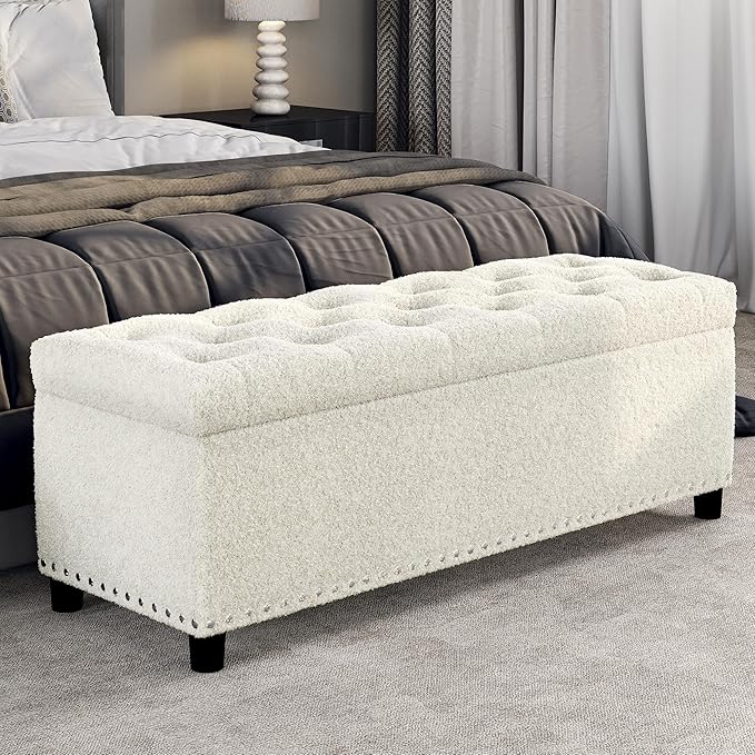 BELLEZE Storage Ottoman, Tufted Ottoman with Close Hinge, Foot Rest for Living Room (White, 47 inch)