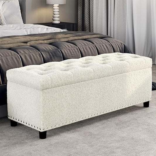 BELLEZE Storage Ottoman, Tufted Ottoman with Close Hinge, Foot Rest for Living Room (White, 47 inch)