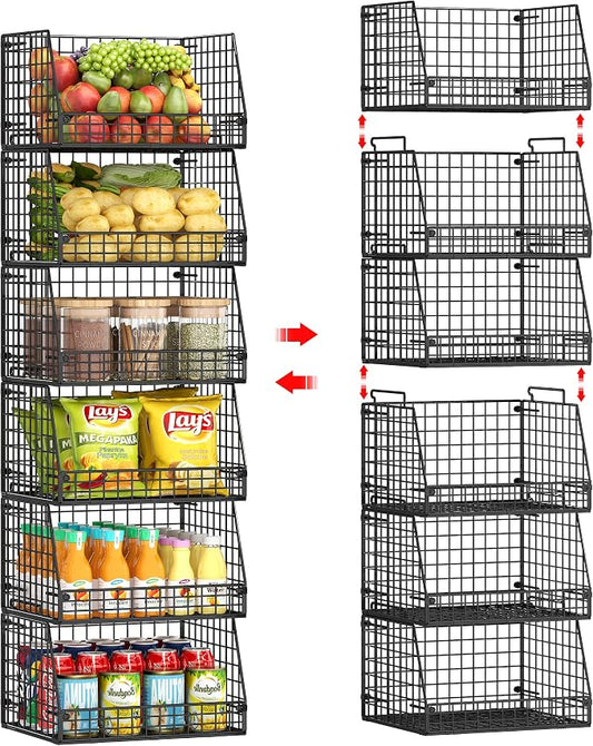 Jakyitvi 6 Pack Stackable Wire Baskets for Pantry,6 Pank Metal Pantry Organizer Storage Bins for Kitchen Snack, Fruit, Potato, Onion & Vegetable Storage, Wire Baskets for Pantry Organization