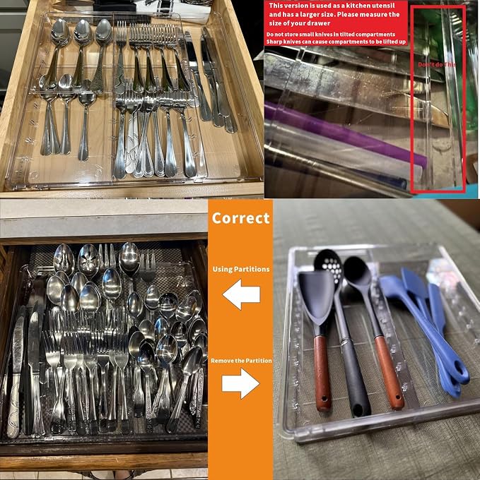Large Expandable Silverware Organizer - Adjustable From 11'' to 21.3'' - Spatula,Gadget,Knife,Cutlery,Spoons and Forks Organizer,Clear Flatware,Silverware Tray,Utensil Organizer for Kitchen Drawers