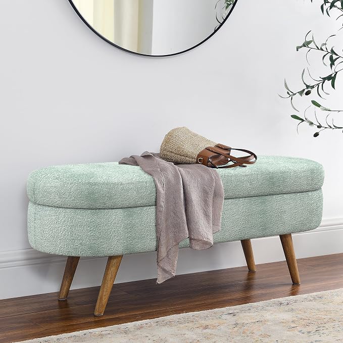 43.5" Ottoman with Storage, Storage Ottoman Bench with Safety Hinge, Foam End of Bed Bench, Upholstered Entryway Bench for Bedroom, Living Room & Window, Holds up to 330 lb, Cyan