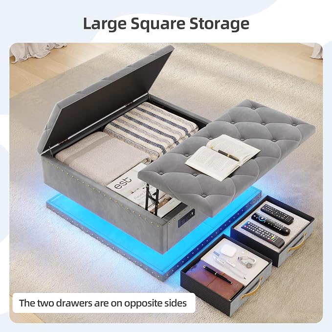 Large Square Ottoman with Storage, Square Storage Ottoman Coffee Table | Coffee Table Storage Ottoman Bench with Lift Top and Two Tier Drawers, LED Ottoman Bench with Charging Station, Gray