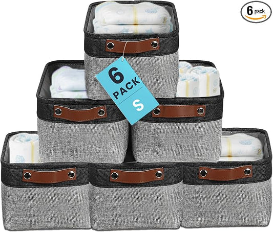 OrganiHaus 12x8in Canvas Storage Baskets, 6 Pack - Fabric Bins for Shelves | Vegan leather handles; a decorative pantry and office organizer, container for desk and books