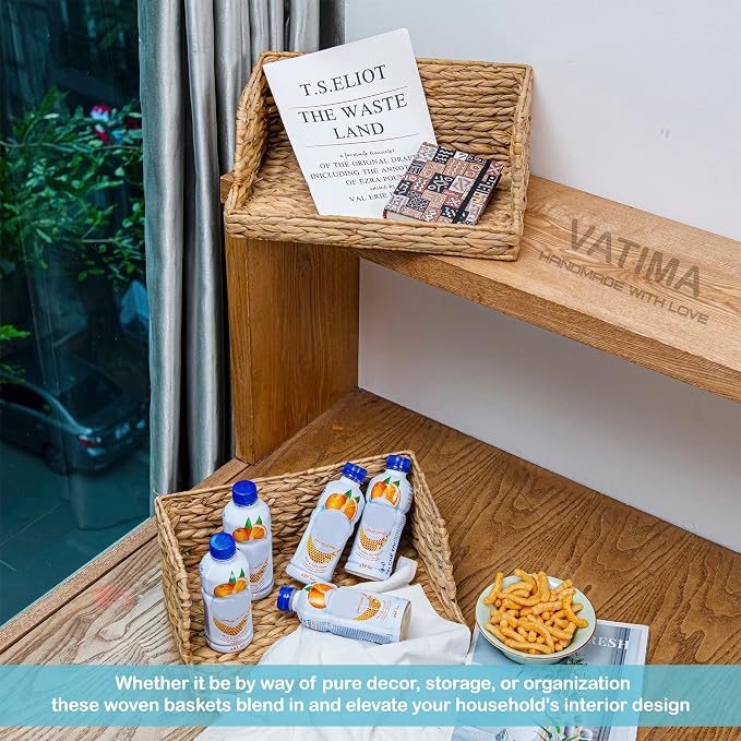 VATIMA Water Hyacinth Storage Baskets with Large Open-Front for Kitchen, Decorative for Living Room, 13.4” x 9.5” x 5.5”, 2 Pack