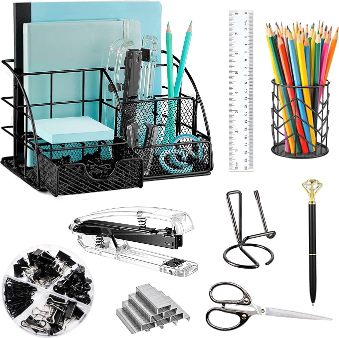 KAAKOW Black Desk Organizers and Accessories Office Supplies Set Stapler, Pen Holder, Phone Holder, Scissors, Pen, Ruler, 30 Paper Clips, 22 Binder Clip, 20 Tacks and 1000pcs Staples