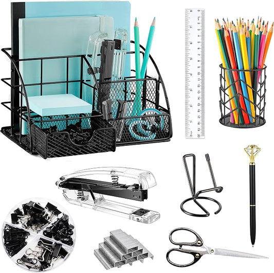 KAAKOW Black Desk Organizers and Accessories Office Supplies Set Stapler, Pen Holder, Phone Holder, Scissors, Pen, Ruler, 30 Paper Clips, 22 Binder Clip, 20 Tacks and 1000pcs Staples