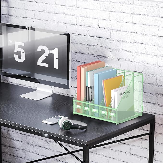 SUPEASY Desk Organizers Metal Desk Magazine File Holder with 5 Vertical Compartments Rack File Organizer for Office Desktop, Classroom, Home Workspace, Green