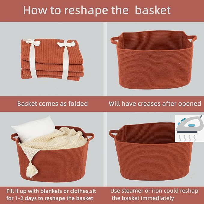 XUANGUO Large Rectangle Woven Cotton Rope Blanket Basket 22"x17"x12" Rustic | Storage basket for nursery and living room; toy basket for kids, dog toy storage, or laundry basket for clothes and towels.