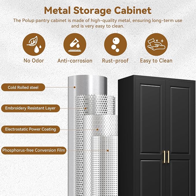 Polup 75" Pantry Cabinet, Tall Metal Storage Cabinet with Doors and Shelves | Black Kitchen Cabinet, 5 Adjustable Shelving, Heavy-Duty Steel, Gold Handles, 4 Standing Feet, for Garage Office & Laundry