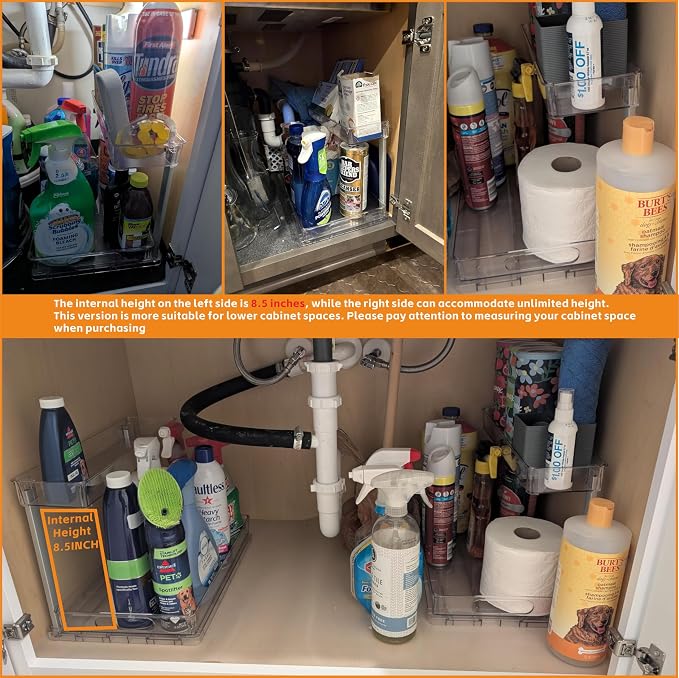 2 Pack 14.6″ Deep Pull Out Under Sink Organizer,10.8″ High 2 Tier Slide Out Cabinet Organizer for Kitchen Cabinet,Undersink Organizers,Under Sink Shelves,Bathroom Organizers and Storage,Clear